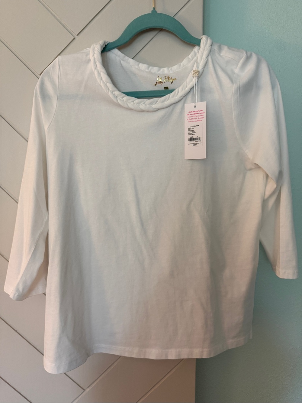 Lilly Pulitzer White Braided-Neck 3/4 Sleeve Top